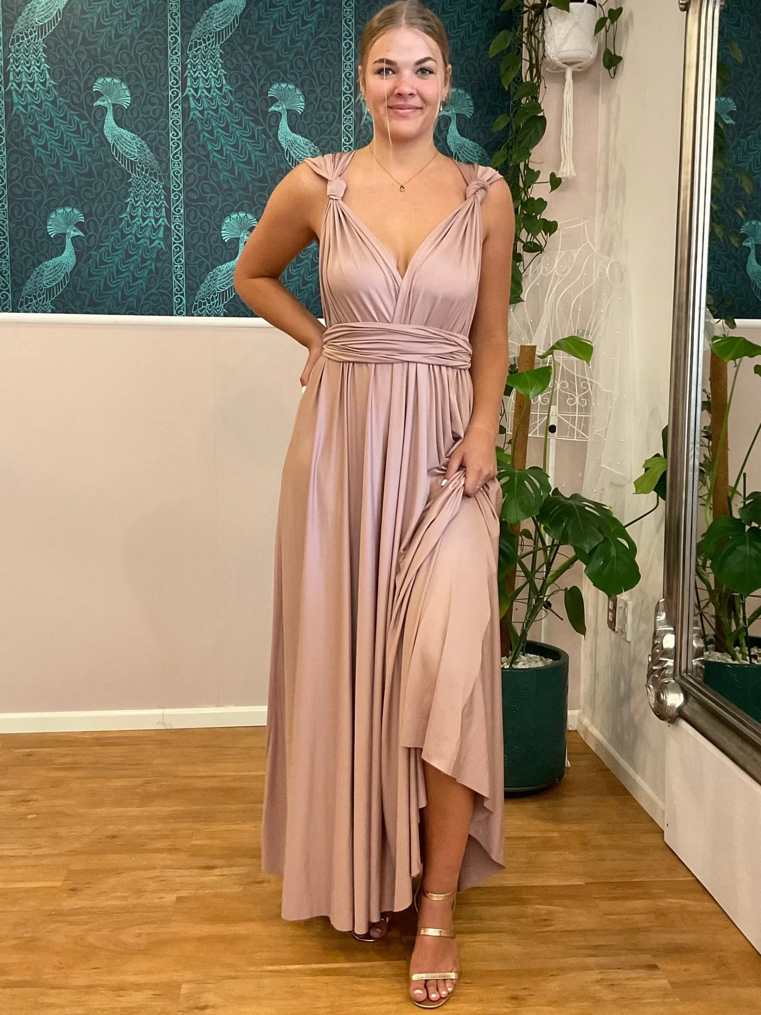 Taupe Convertible Infinity bridesmaid dress with split Express NZ wide