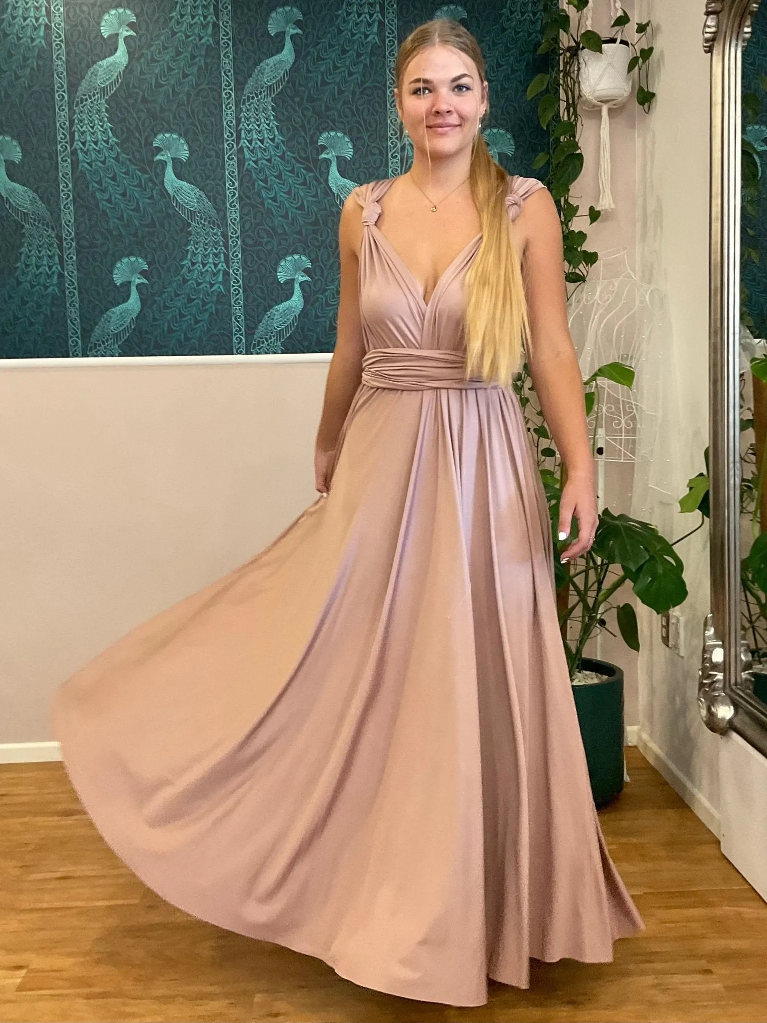 Taupe Convertible Infinity bridesmaid dress with split Express NZ wide