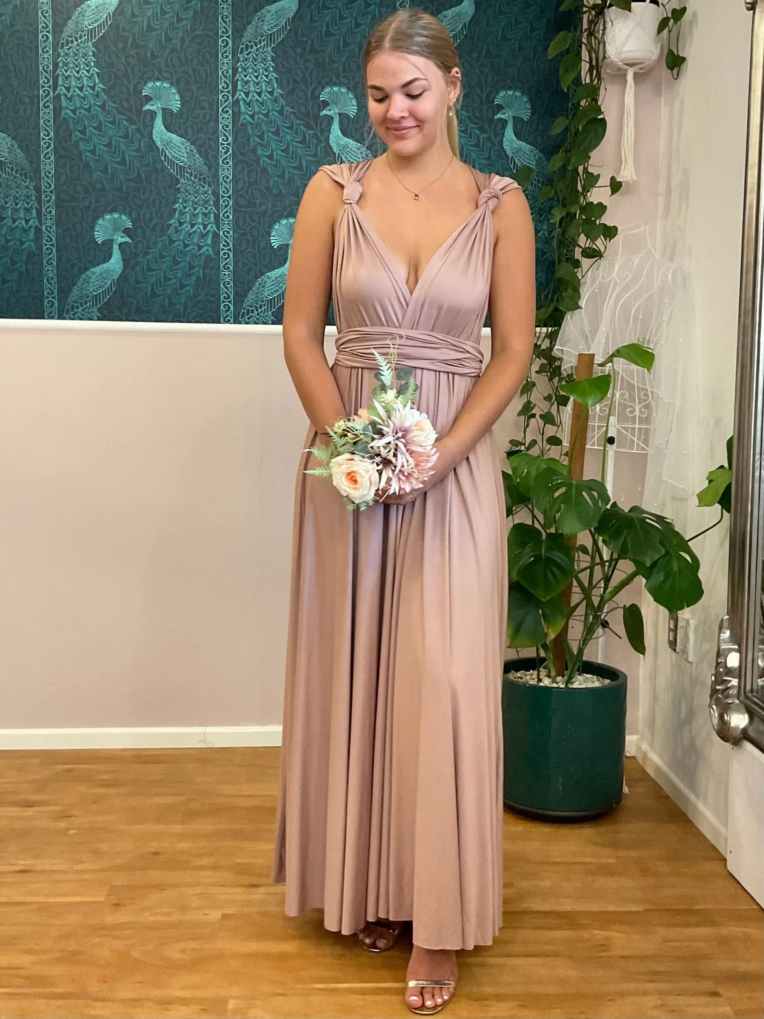 Taupe Convertible Infinity bridesmaid dress with split Express NZ wide