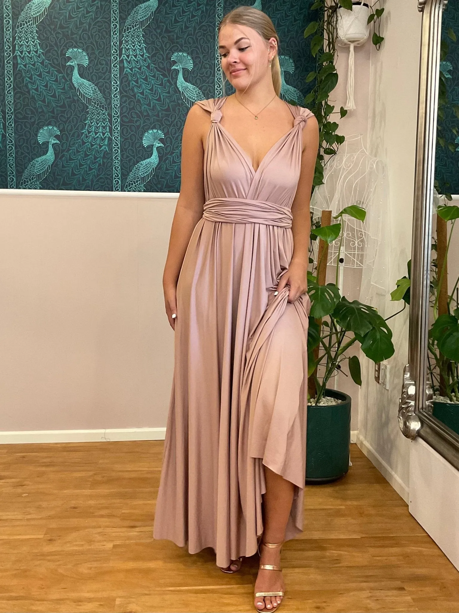 Taupe Convertible Infinity bridesmaid dress with split Express NZ wide