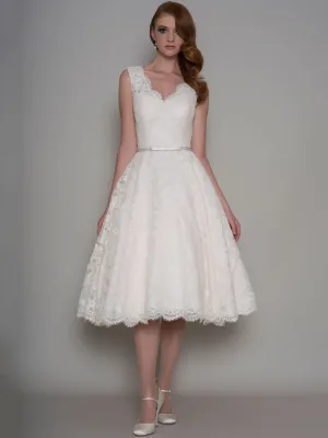 Tea-Length A-Line Appliqued V-Neck Sleeveless Lace Wedding Dress-MK_705317