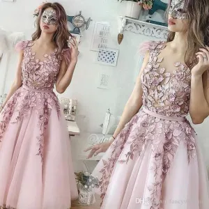 tea length pink prom dresses 2020 lace applique cap sleeve elegant floral prom gown 2021 robe de soiree