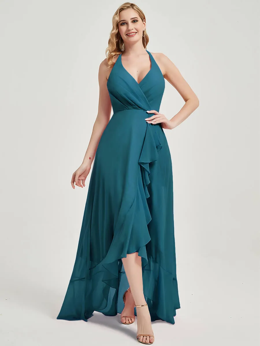 Teal Halter Backless High Low Maxi Chiffon Bridesmaid Dress With Pocket