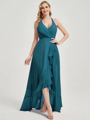 Teal Halter Backless High Low Maxi Chiffon Bridesmaid Dress With Pocket