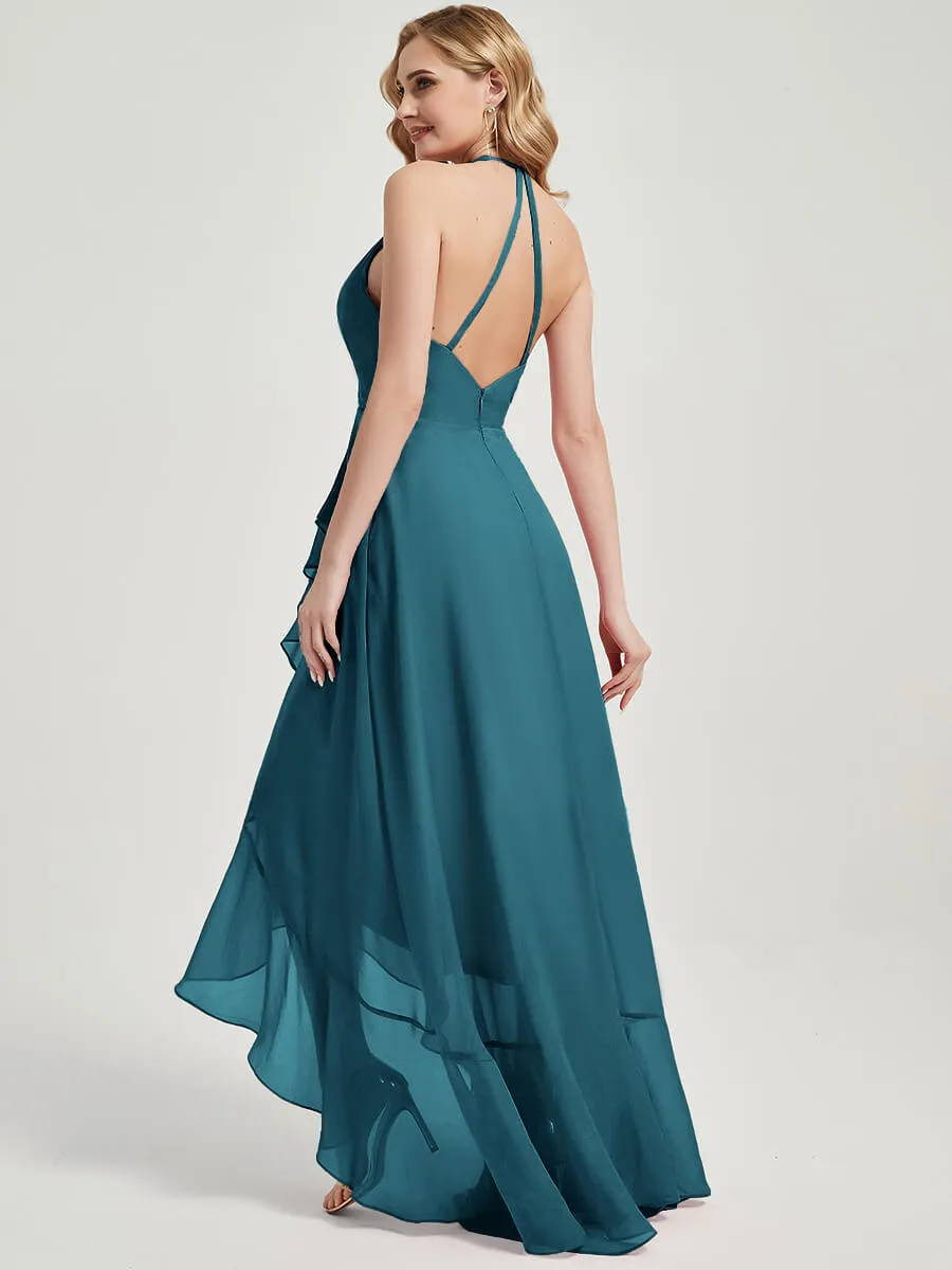 Teal Halter Backless High Low Maxi Chiffon Bridesmaid Dress With Pocket