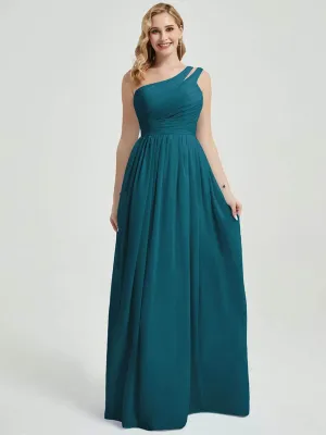 Teal Pleated One Shoulder A-Line Floor Length Chiffon Bridesmaid Dress