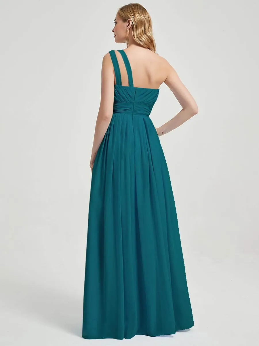 Teal Pleated One Shoulder A-Line Floor Length Chiffon Bridesmaid Dress
