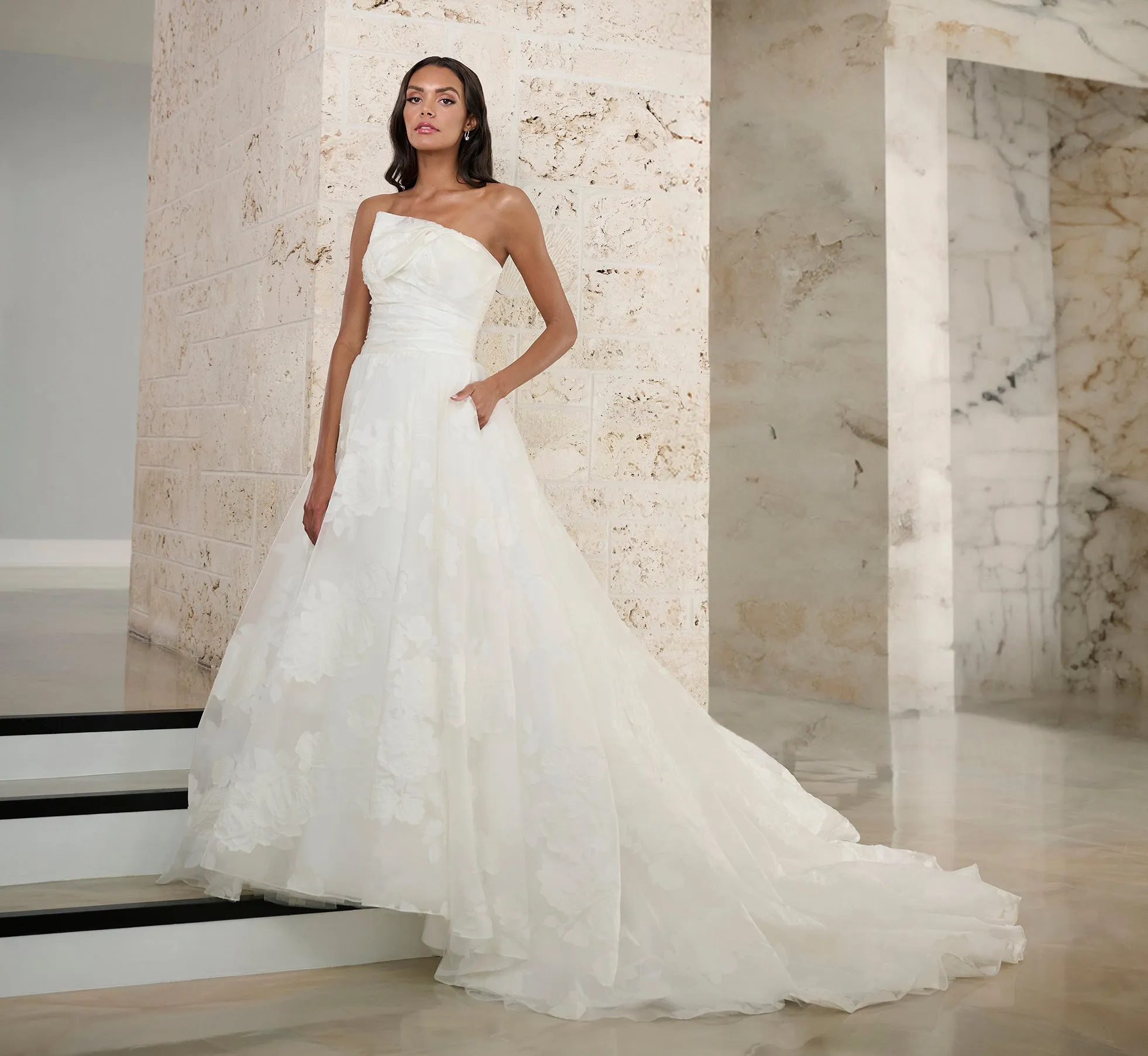 Textured Organza A-Line Gown With Detachable Bow In Ivory