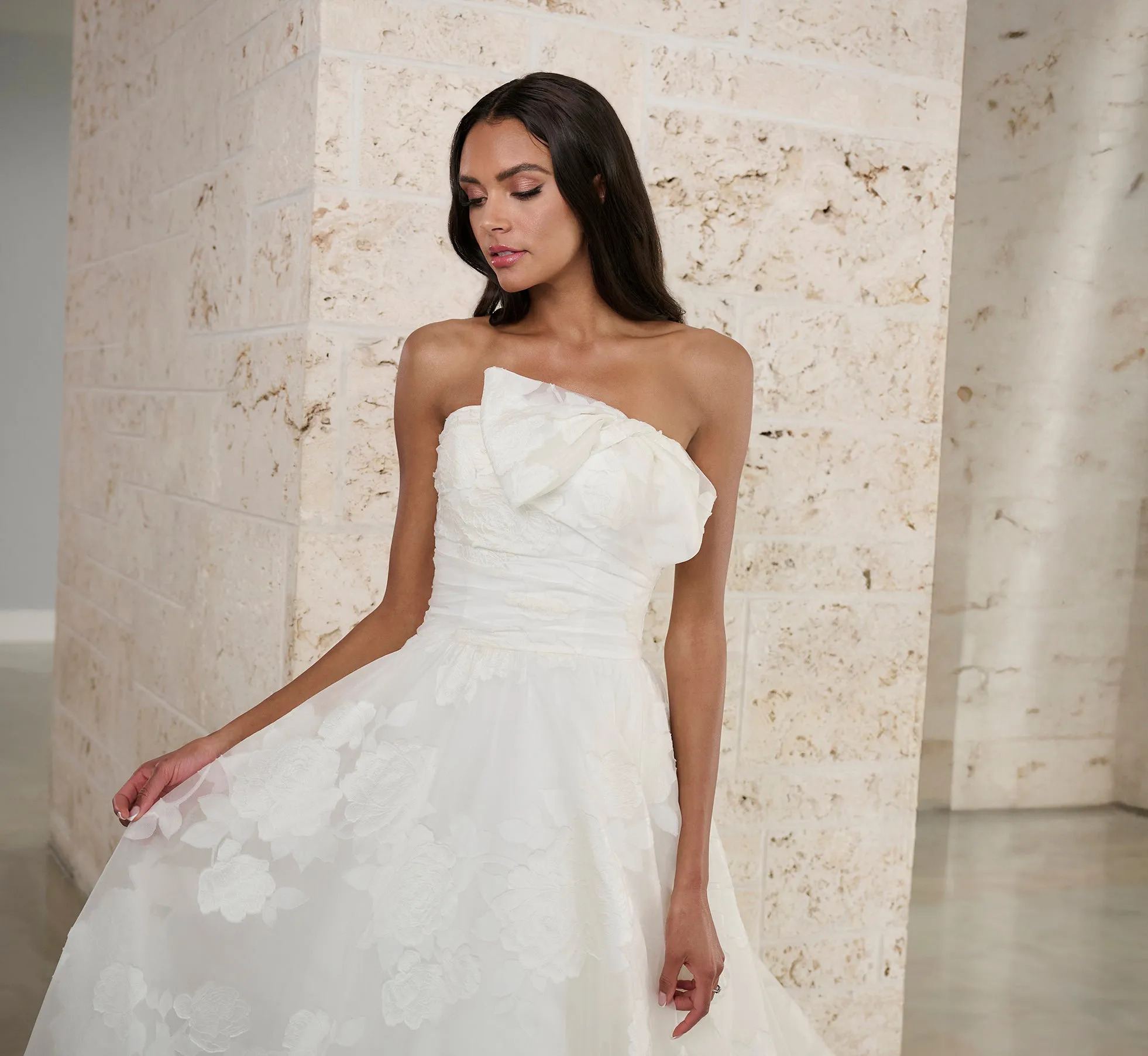 Textured Organza A-Line Gown With Detachable Bow In Ivory