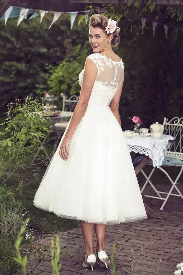 The Sales Rack-Vintage Ivory Lace Brides Dress Sexy Sheer Neck Cap Sleeves Tea Length Custom Made