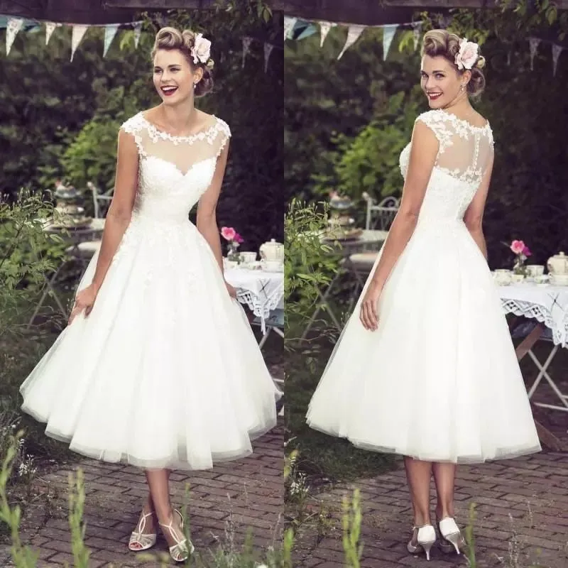 The Sales Rack-Vintage Ivory Lace Brides Dress Sexy Sheer Neck Cap Sleeves Tea Length Custom Made