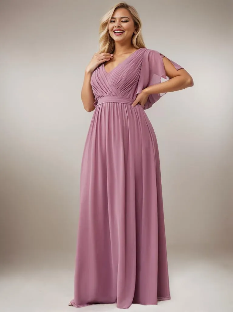 Tia Plus Size split sleeve full length chiffon bridesmaid dress