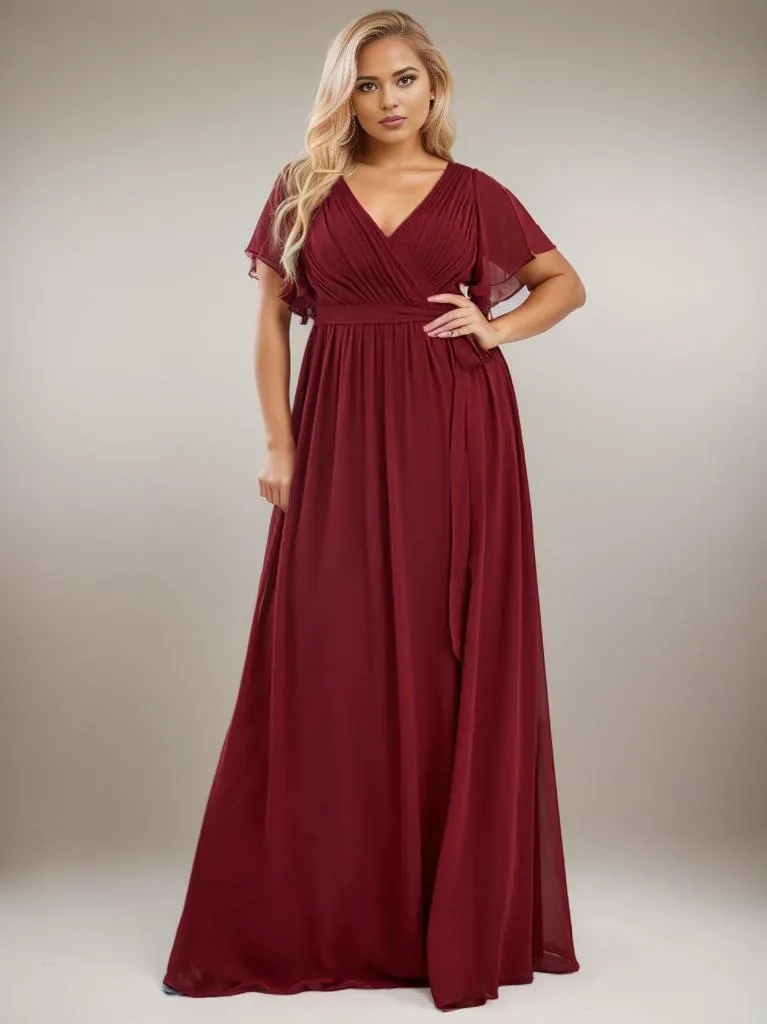 Tia Plus Size split sleeve full length chiffon bridesmaid dress