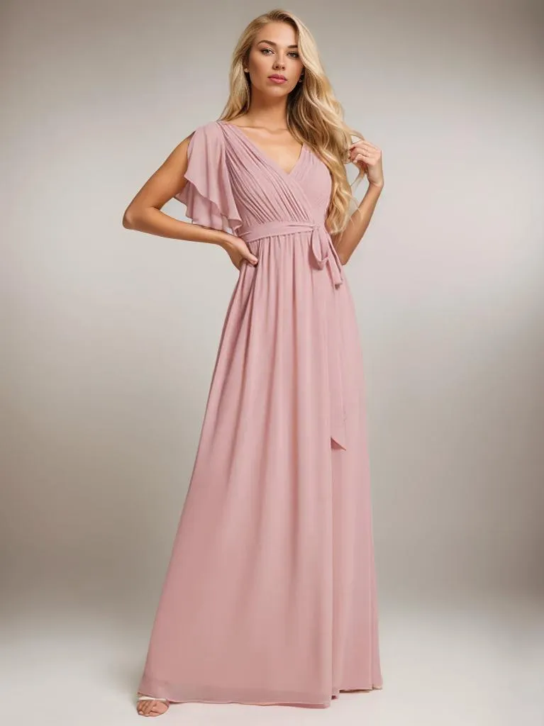 Tia split sleeve full length chiffon bridesmaid dress