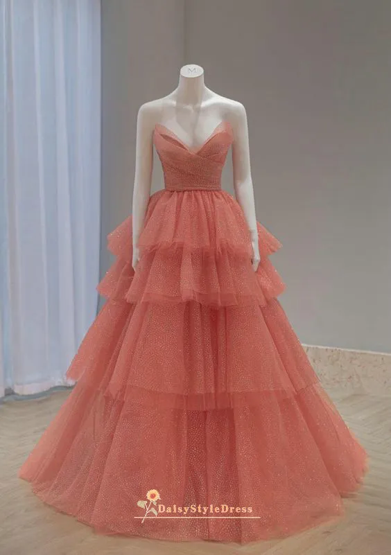 Tiered Skirt Coral Formal Party Dress