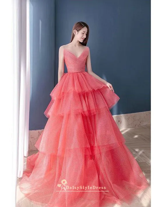 Tiered Skirt Coral Formal Party Dress