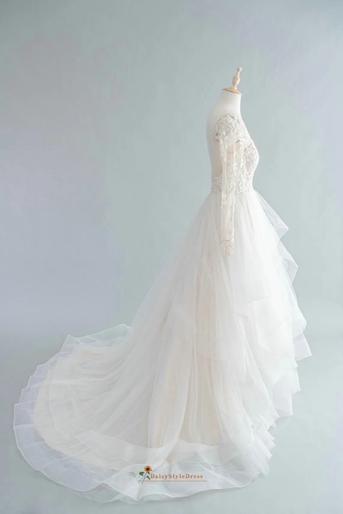 Tiered Skirt Long Sleeve Wedding Dress