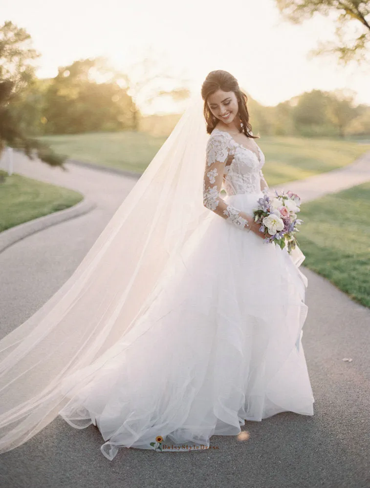 Tiered Skirt Long Sleeve Wedding Dress