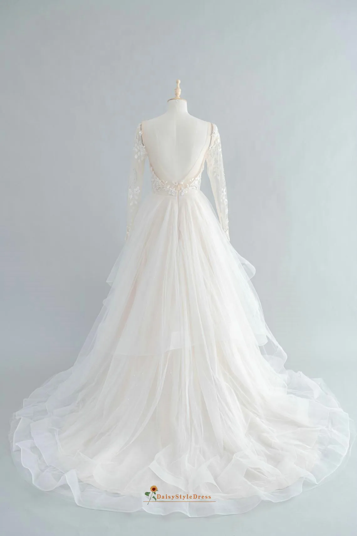 Tiered Skirt Long Sleeve Wedding Dress