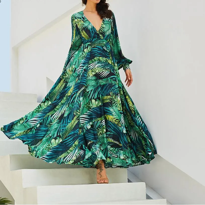 Tropical Print Long Sleeve Vintage Maxi Boho V-Neck Tunic Draped Dress