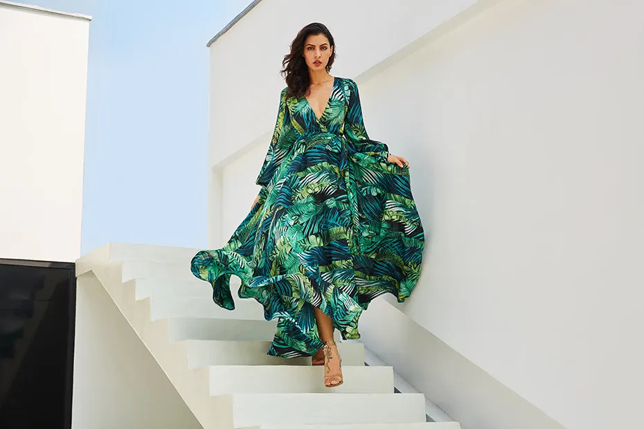 Tropical Print Long Sleeve Vintage Maxi Boho V-Neck Tunic Draped Dress