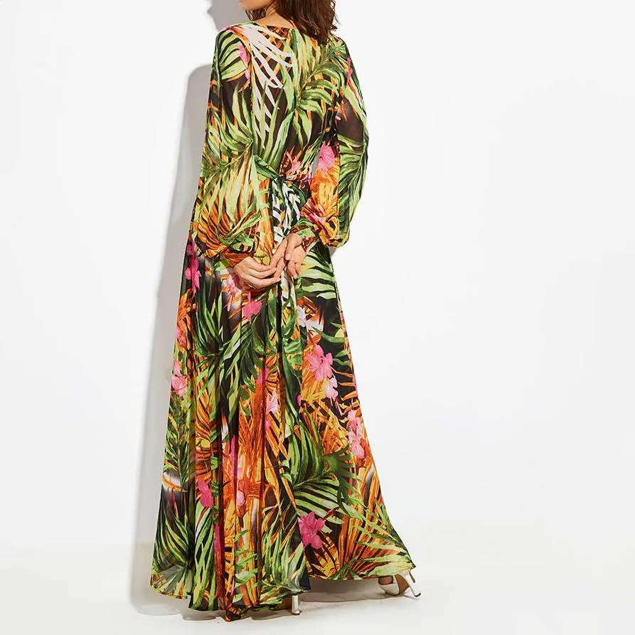 Tropical Print Long Sleeve Vintage Maxi Boho V-Neck Tunic Draped Dress