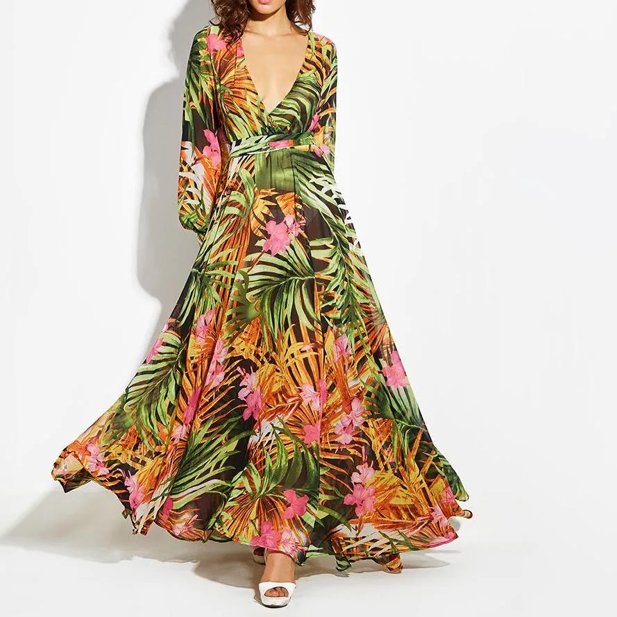 Tropical Print Long Sleeve Vintage Maxi Boho V-Neck Tunic Draped Dress