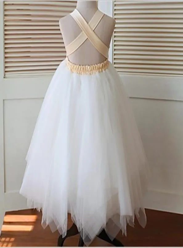 Tulle Sleeveless Straps Flower Girl Dresses With Hand-made Flower Tea Length Ball Gown