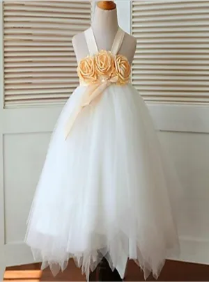 Tulle Sleeveless Straps Flower Girl Dresses With Hand-made Flower Tea Length Ball Gown
