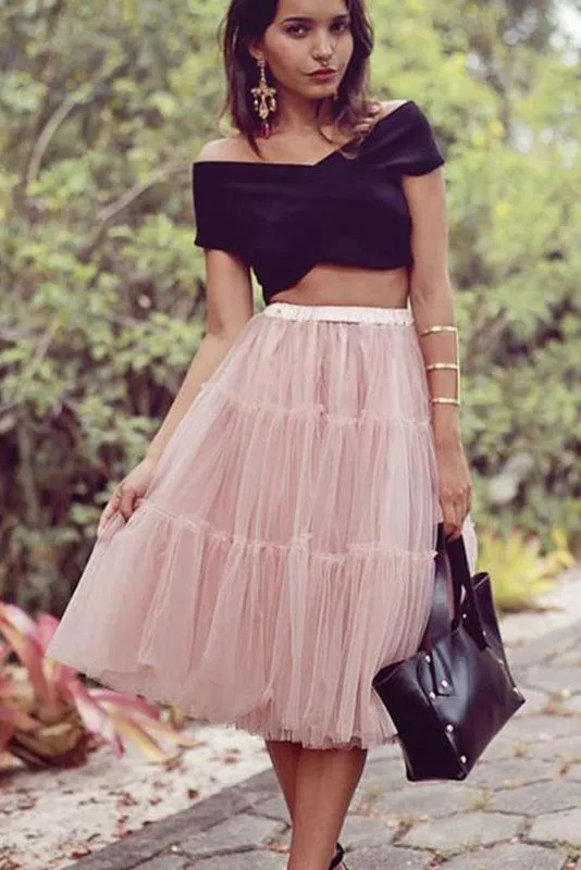 Two Piece Black And Pink Cheap Short A Line Tulle Homecoming Dresses OKC24