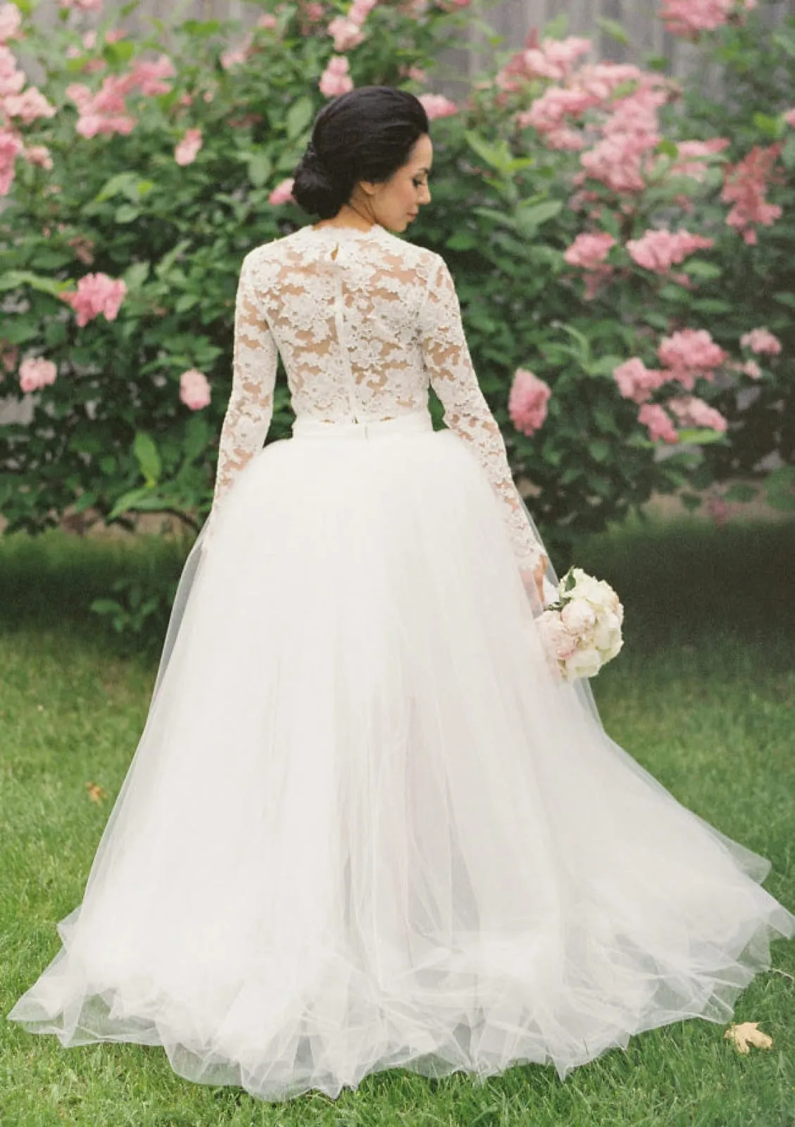 Two Piece Long Sleeve Ball Gown Lace Tulle High Low Wedding Dress