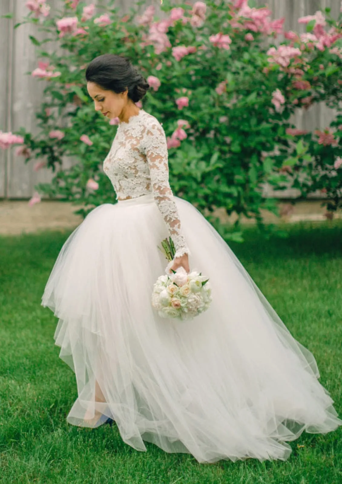 Two Piece Long Sleeve Ball Gown Lace Tulle High Low Wedding Dress