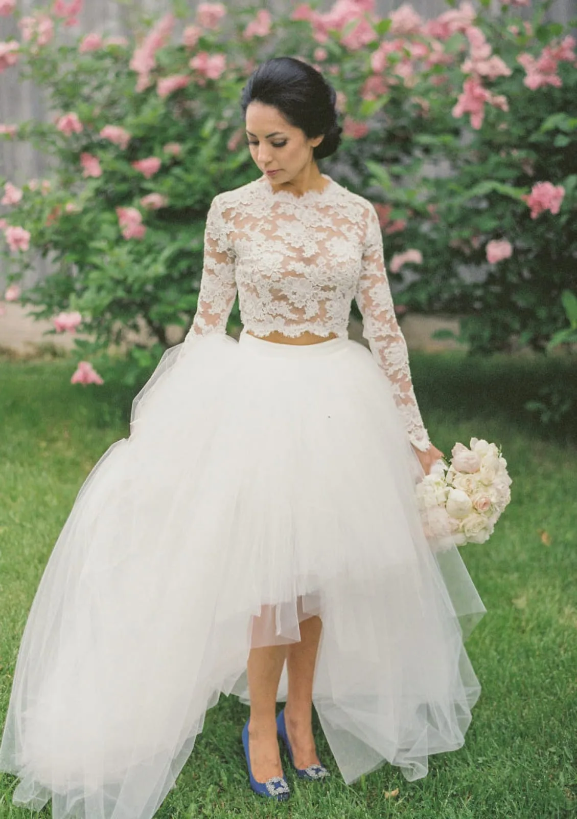 Two Piece Long Sleeve Ball Gown Lace Tulle High Low Wedding Dress