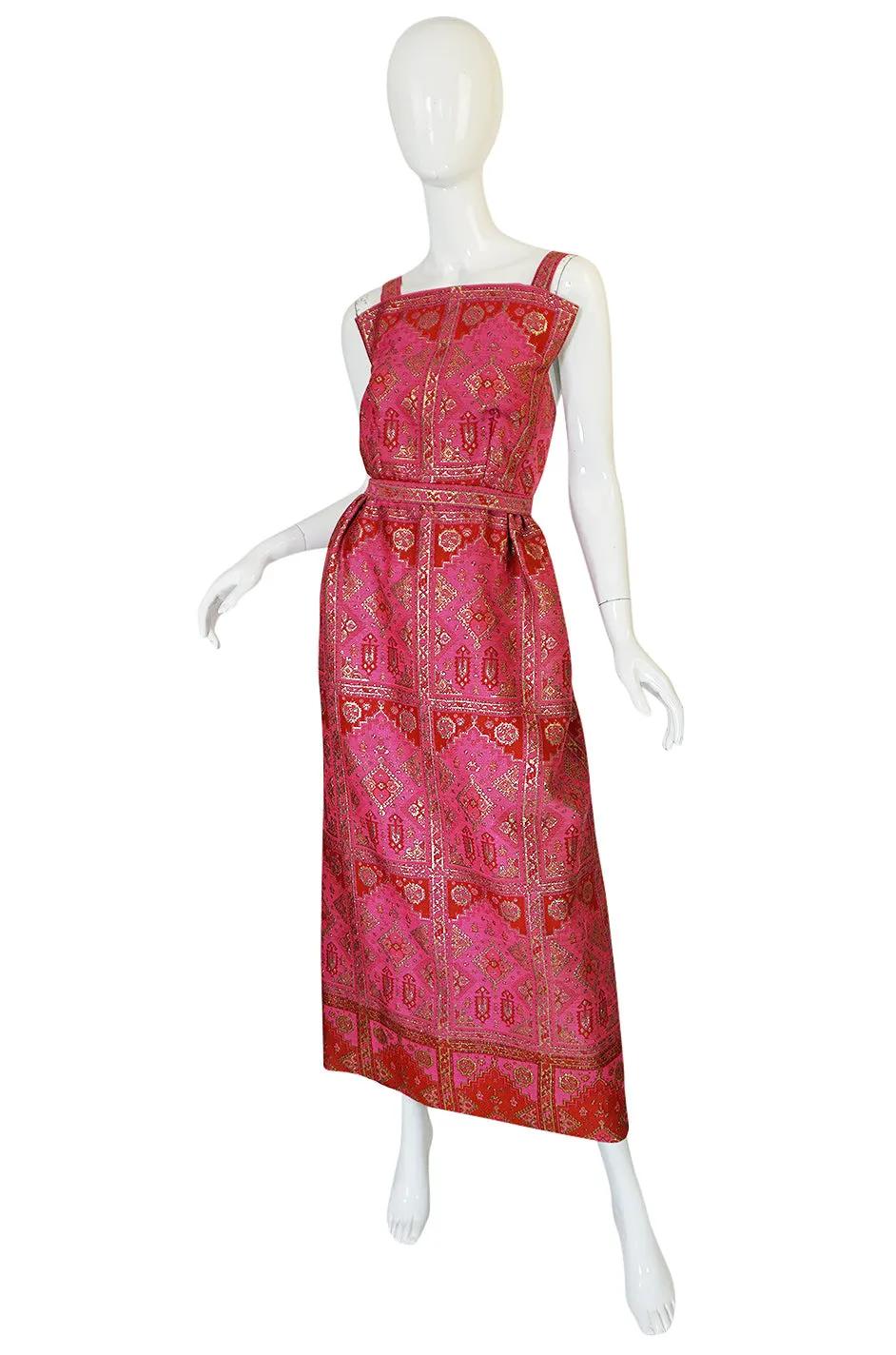 Unusual 1960s Backless Pink & Gold Metallic Brocade Dress