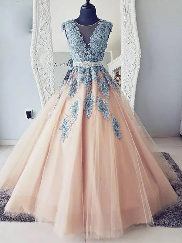 V-neck Blue Lace Ball Gown Long Tulle  Evening Dresses,Cheap Prom Dresses OKG36