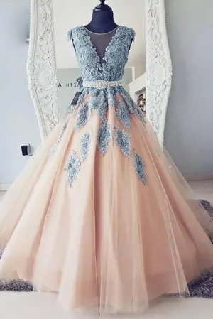 V-neck Blue Lace Ball Gown Long Tulle  Evening Dresses,Cheap Prom Dresses OKG36