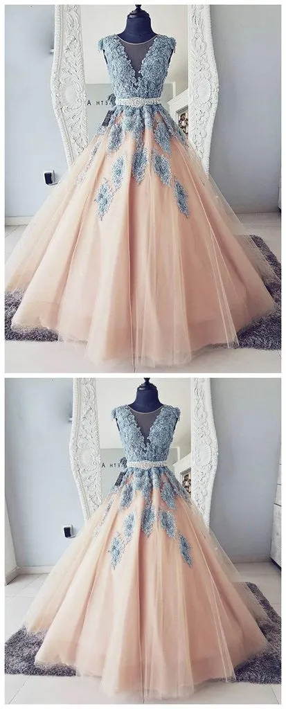 V-neck Blue Lace Ball Gown Long Tulle  Evening Dresses,Cheap Prom Dresses OKG36