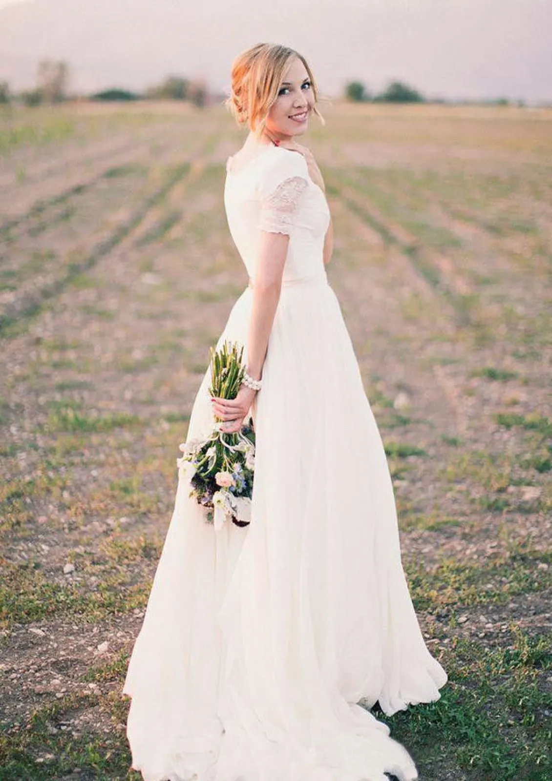 V-Neck Floor Length Lace Chiffon A-line Wedding Dress, Sash