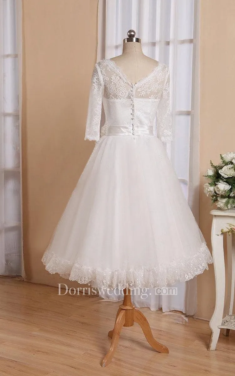 V-Neck Half Sleeve Button Back Tulle Wedding Dress With Sash And Flower