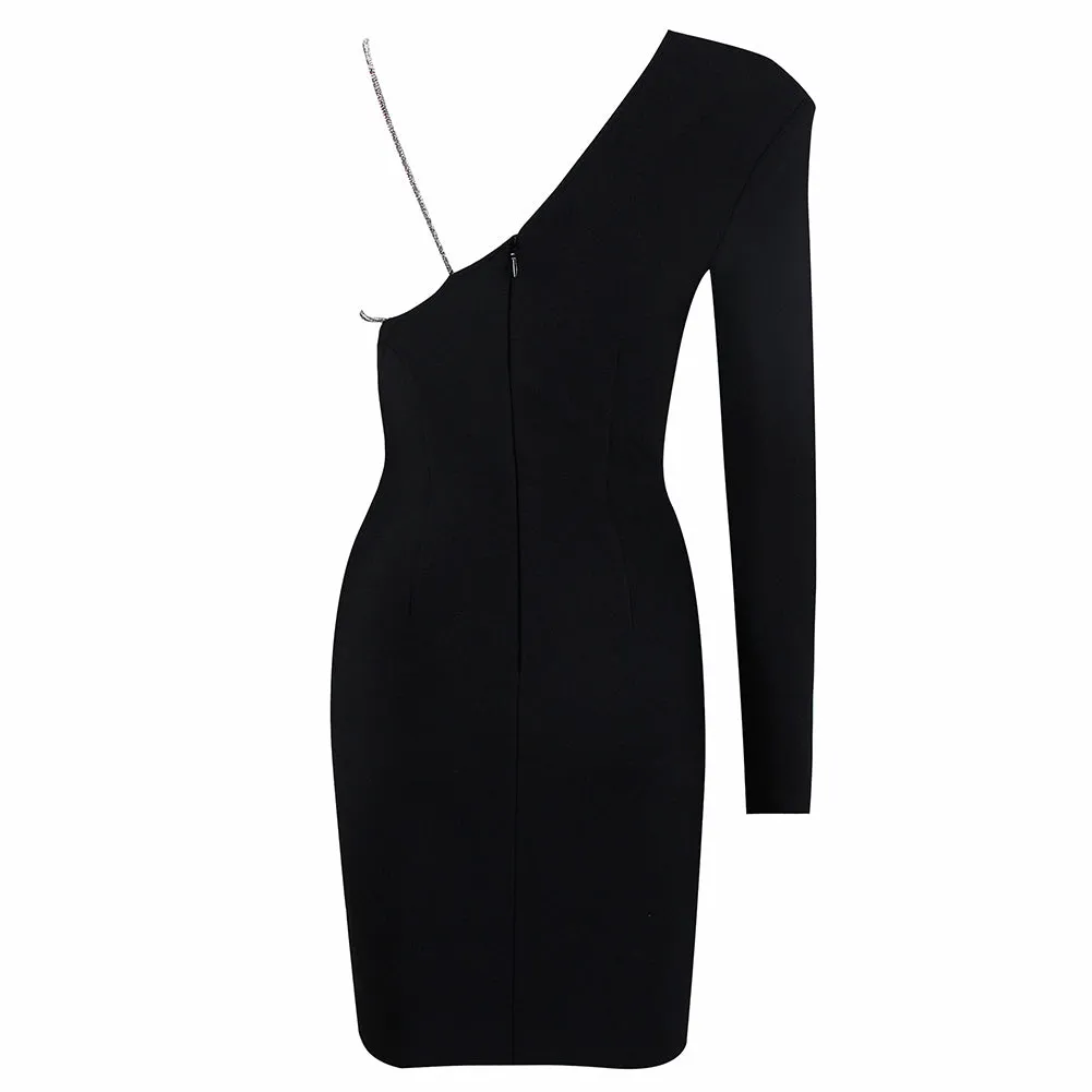 V Neck Long Sleeve Drill Chain Mini Bandage Dress