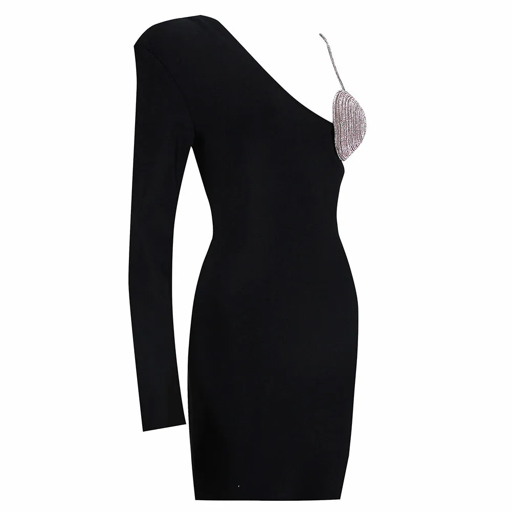 V Neck Long Sleeve Drill Chain Mini Bandage Dress