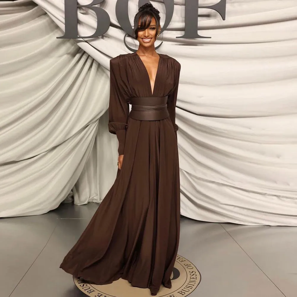 V Neck Long Sleeve Pure Color Maxi Dress BD2499