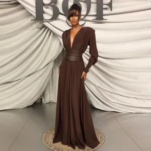 V Neck Long Sleeve Pure Color Maxi Dress BD2499