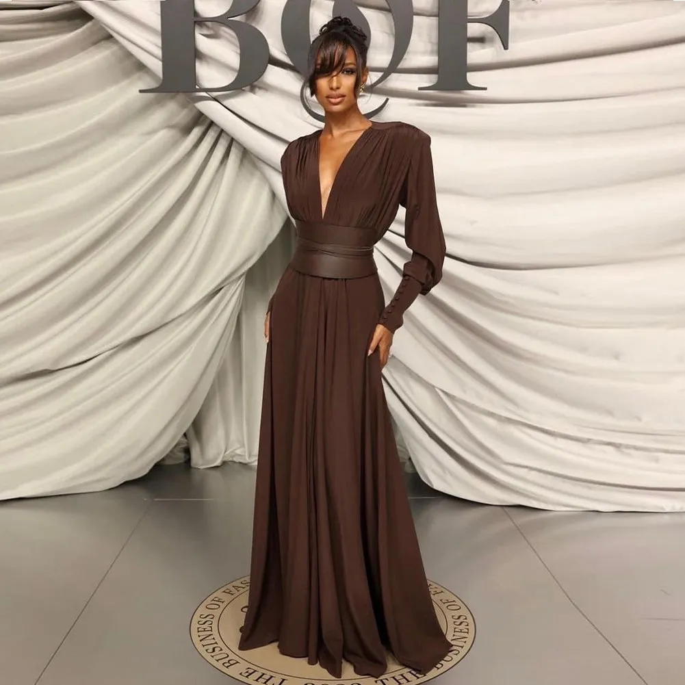 V Neck Long Sleeve Pure Color Maxi Dress BD2499