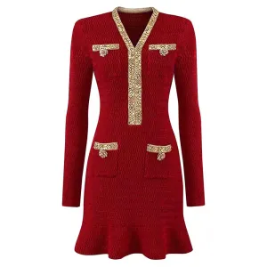 V-Neck Long Sleeves Mini Knitted Dress Beaded Buttons Body-Con Dress