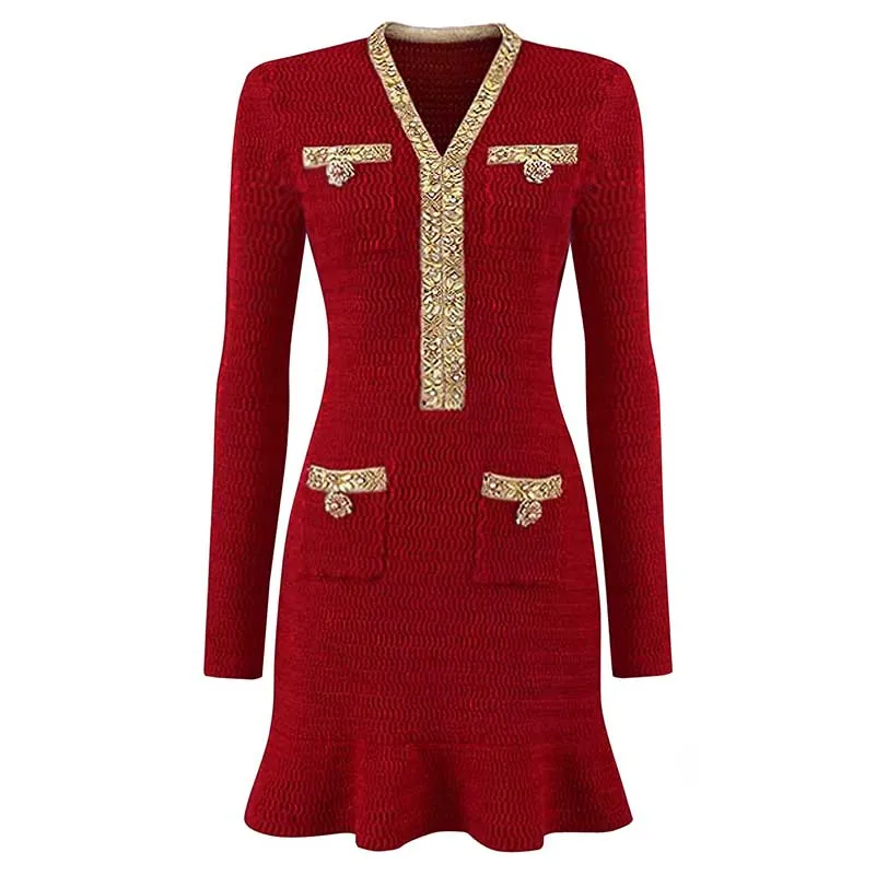V-Neck Long Sleeves Mini Knitted Dress Beaded Buttons Body-Con Dress