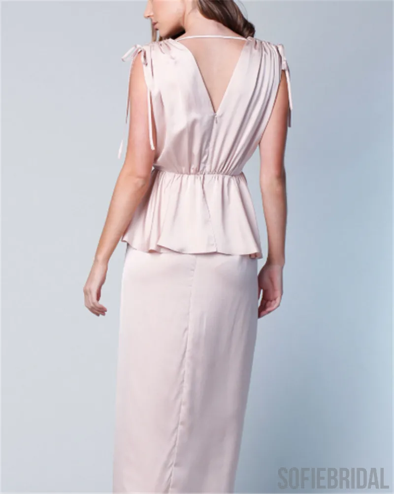 V-neck Nude Long Ankle Length Bridesmaid Dresses, PD0915