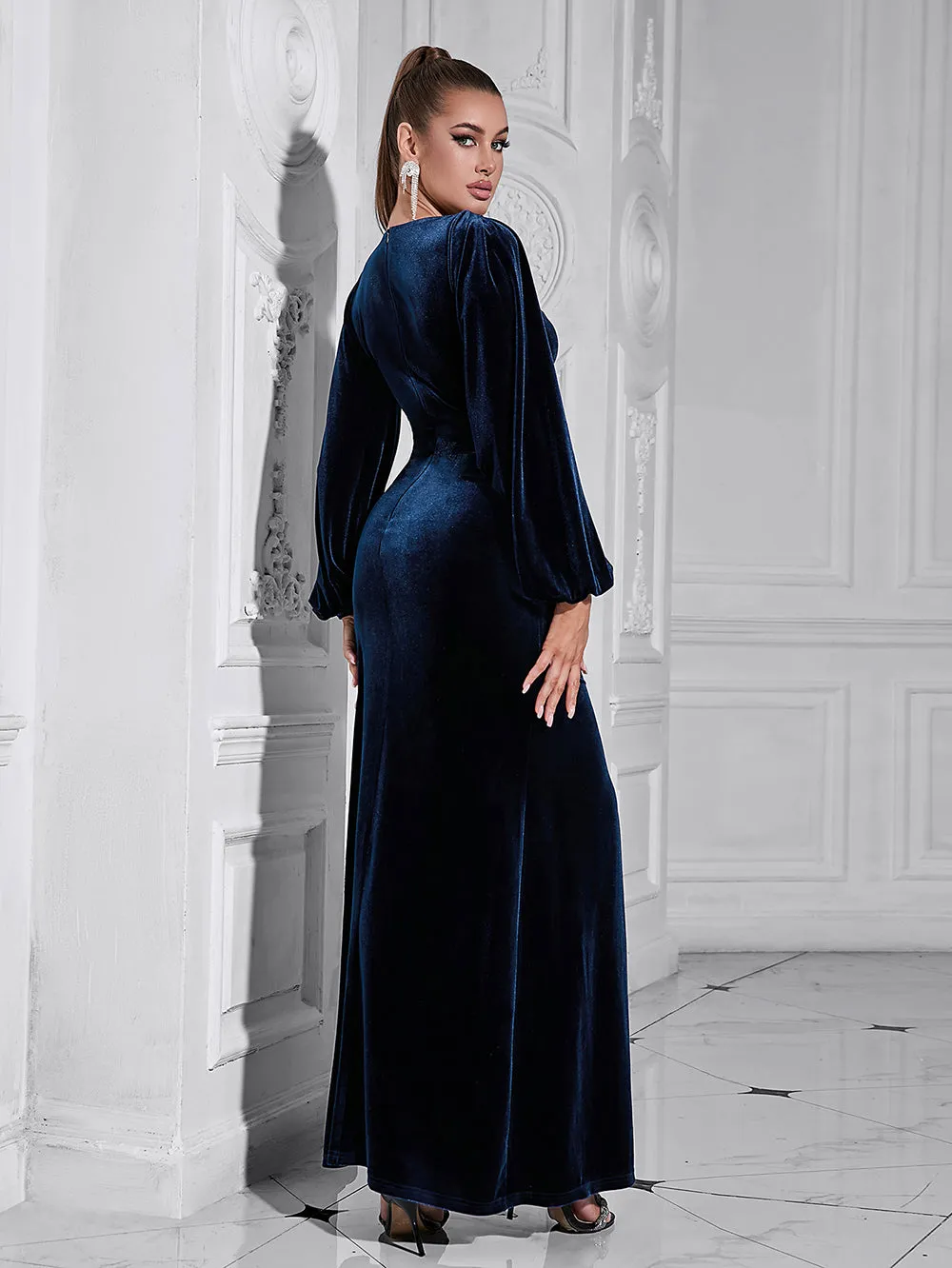 V Neck Plain Velvet Maxi Bodycon Dress HB10212