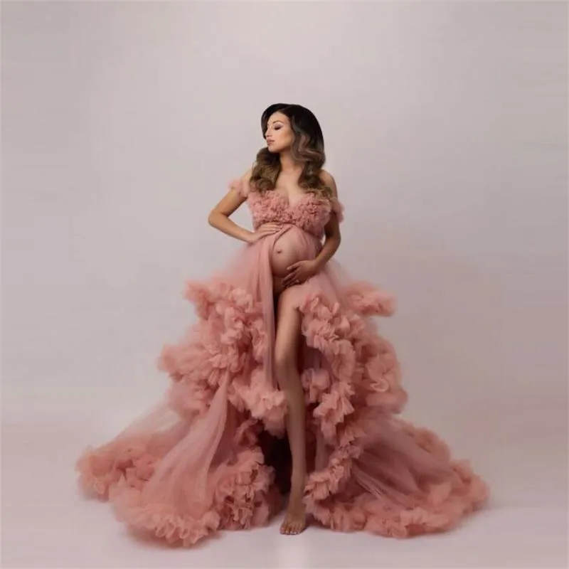 V Neck Ruffles Maternity Robes/Dress for Photo Shoot