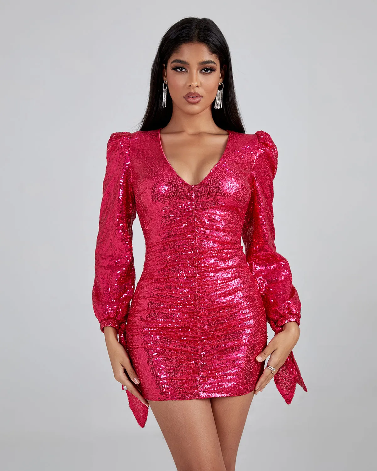V Neck Sparkle Sequin Mini Dress